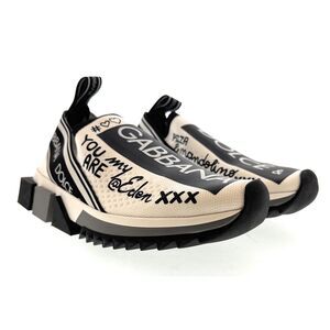 Dolce & Gabbana White/Black Logo Knit Slip On Sneakers-EU36